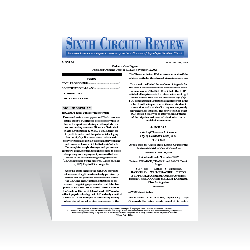 Newsletter titled 'Sixth Circuit Review' on a white background