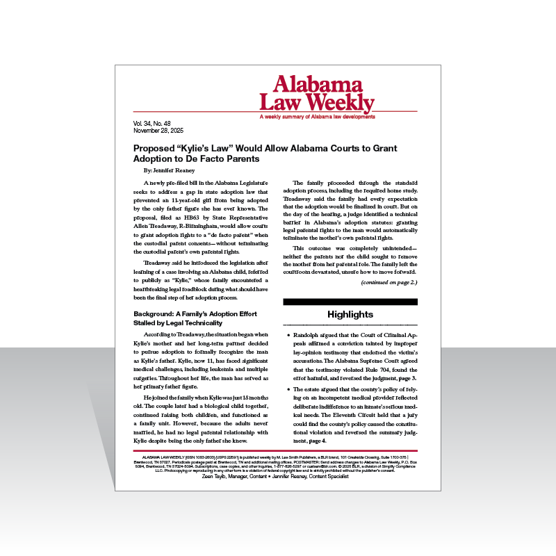 Page from 'Alabama Law Weekly' newsletter wiith text about proposed legislation
