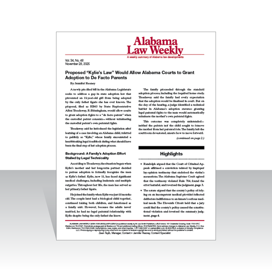 Page from 'Alabama Law Weekly' newsletter wiith text about proposed legislation